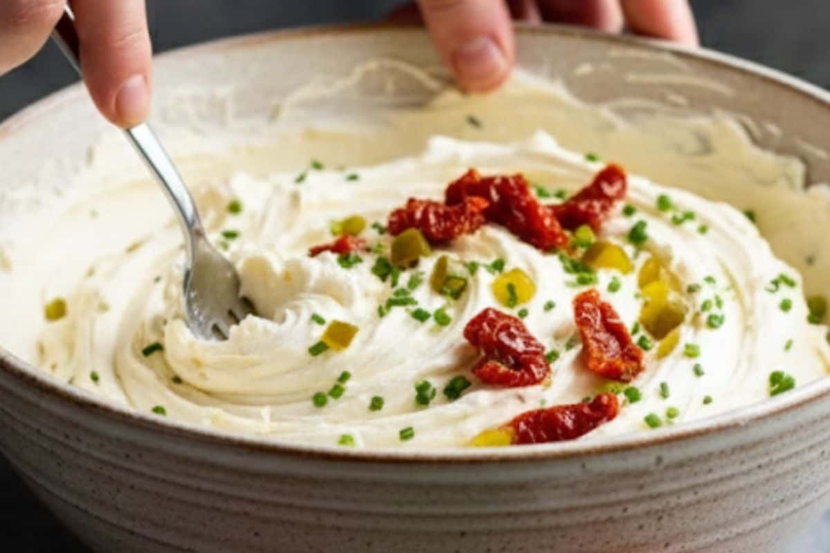 In a large bowl, combine cream cheese, sun-dried tomatoes, red bell peppers, dill pickles, chives, parsley, onion powder, garlic powder, and a pinch of salt. Mix until combined.