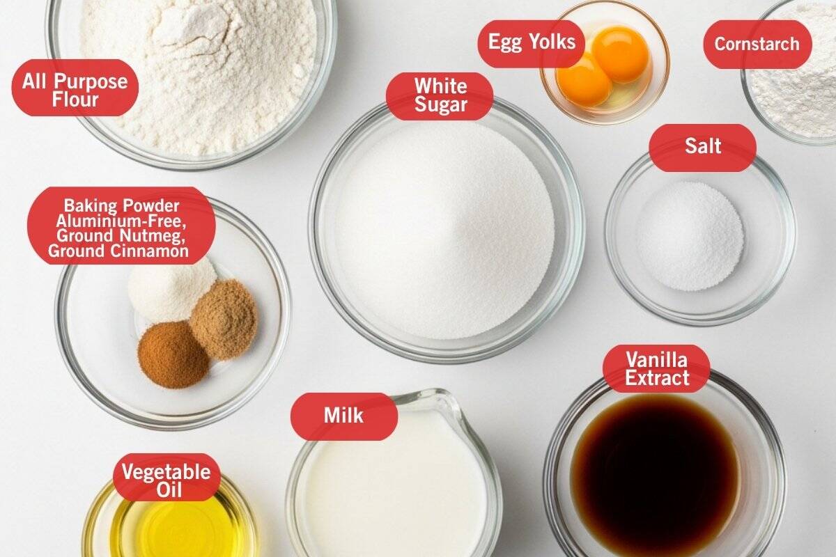 Flay lay photos of all purpose flour, baking powder, ground nutmeg, ground cinnamon, white sugar, egg yolks, cornstarch, salt, vegetable oil, milk, vanilla extract
