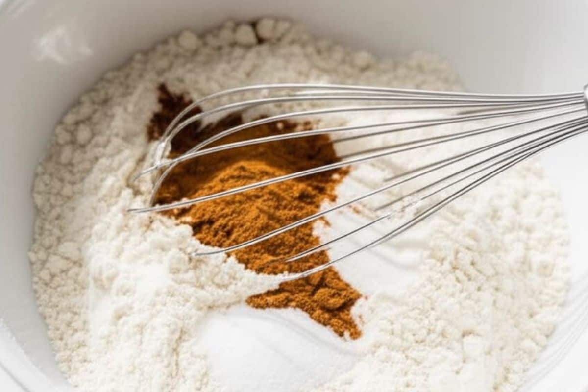 in a large bowl, mix together flour, cornstarch, baking powder, sugar, salt, cinnamon, and nutmeg 