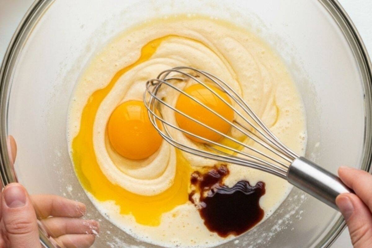whisk egg yolks with oil, mil and vanilla extract until smooth