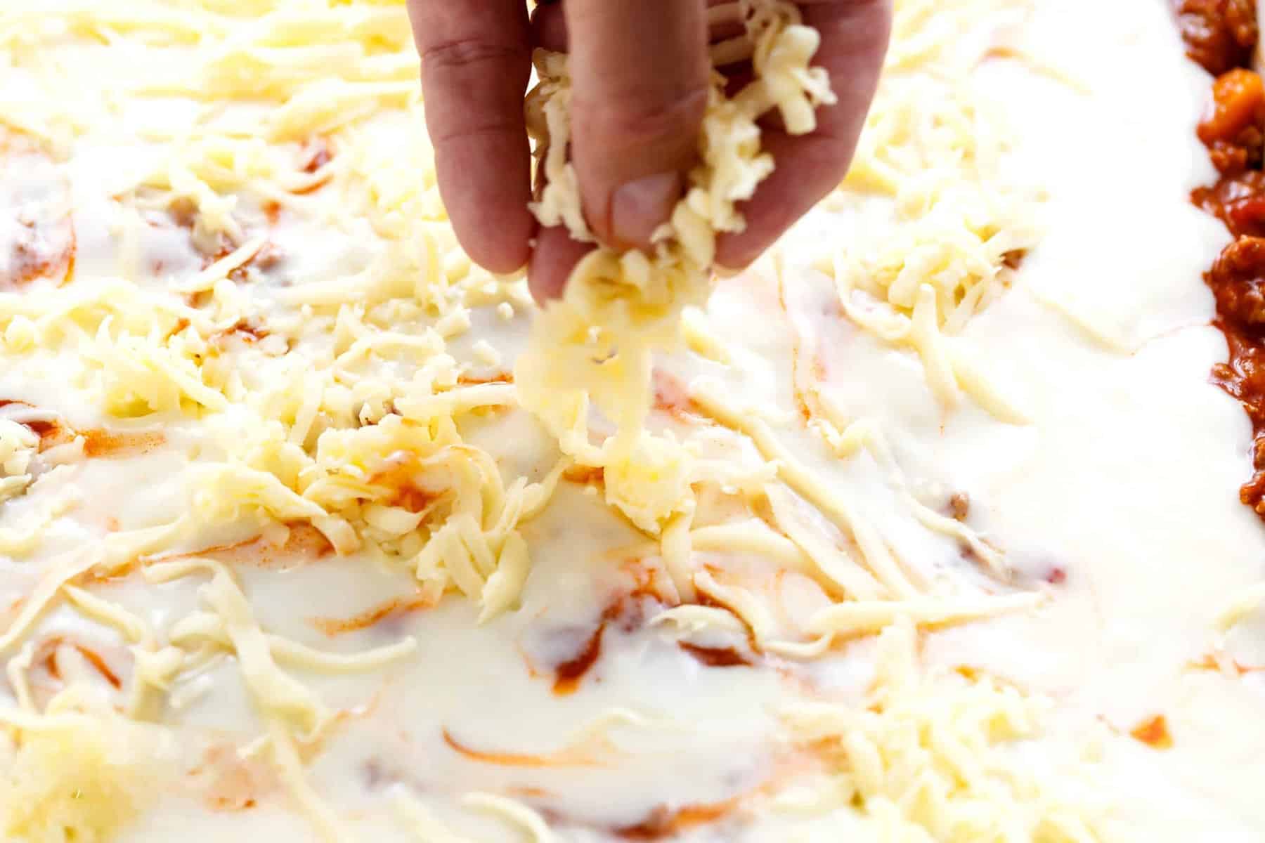 Mozzarella cheese layered on lasagna