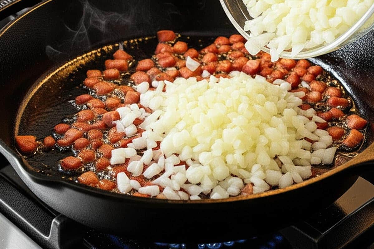 Diced onion poured in the skillet with bacon.