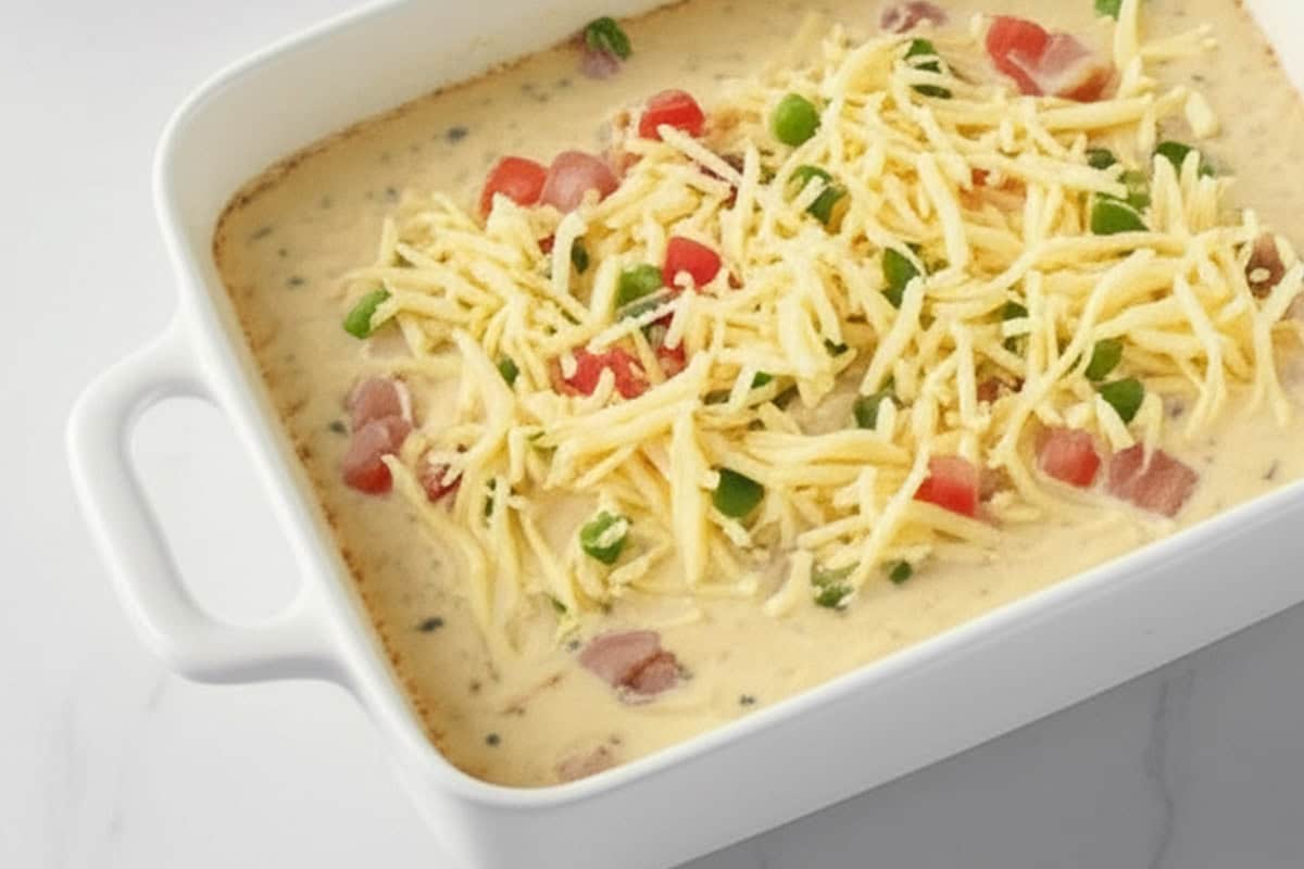 Baking dish with egg mixture and mozzarella on top.