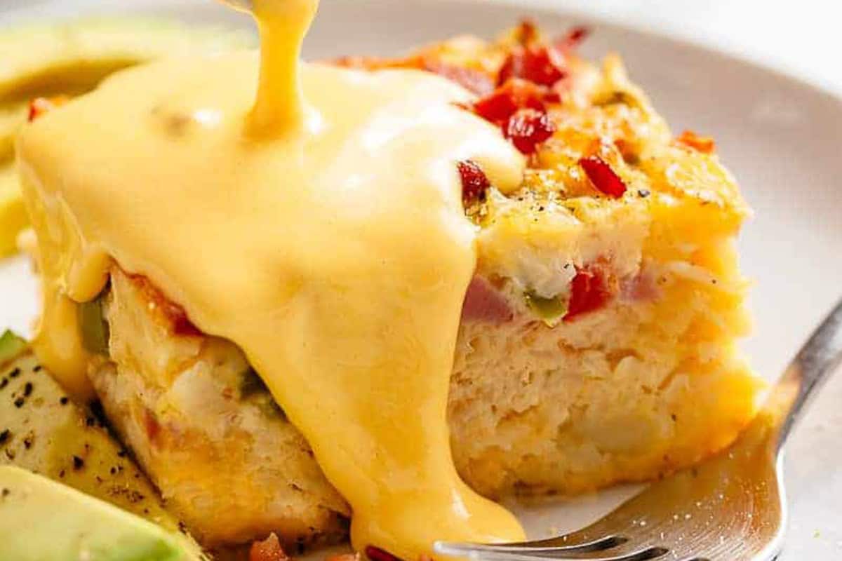 Close-up shot of a slice of Breakfast Casserole.