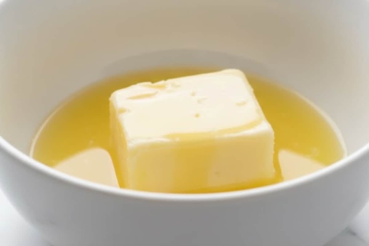 Microwave butter for 30 seconds, just until it’s half melted and half soft.