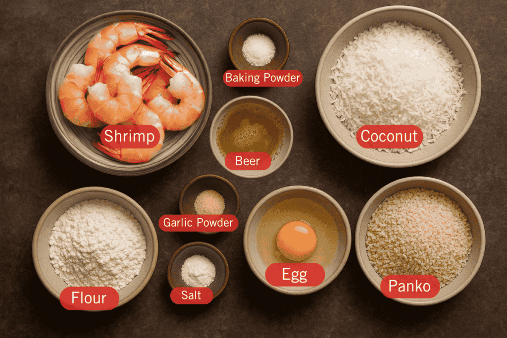 Flatlay image of labeled ingredients for Coconut Shrimp, each in individual ceramic bowls on a dark brown surface. Labels include: shrimp, flour, garlic powder, salt, baking powder, beer, egg, shredded coconut, and Panko breadcrumbs.
