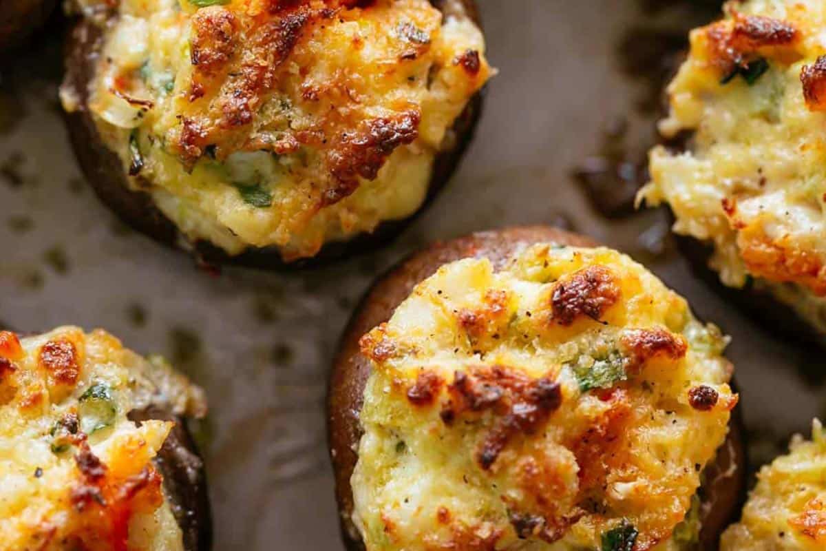Close-up shot of Crab Stuffed Mushrooms.
