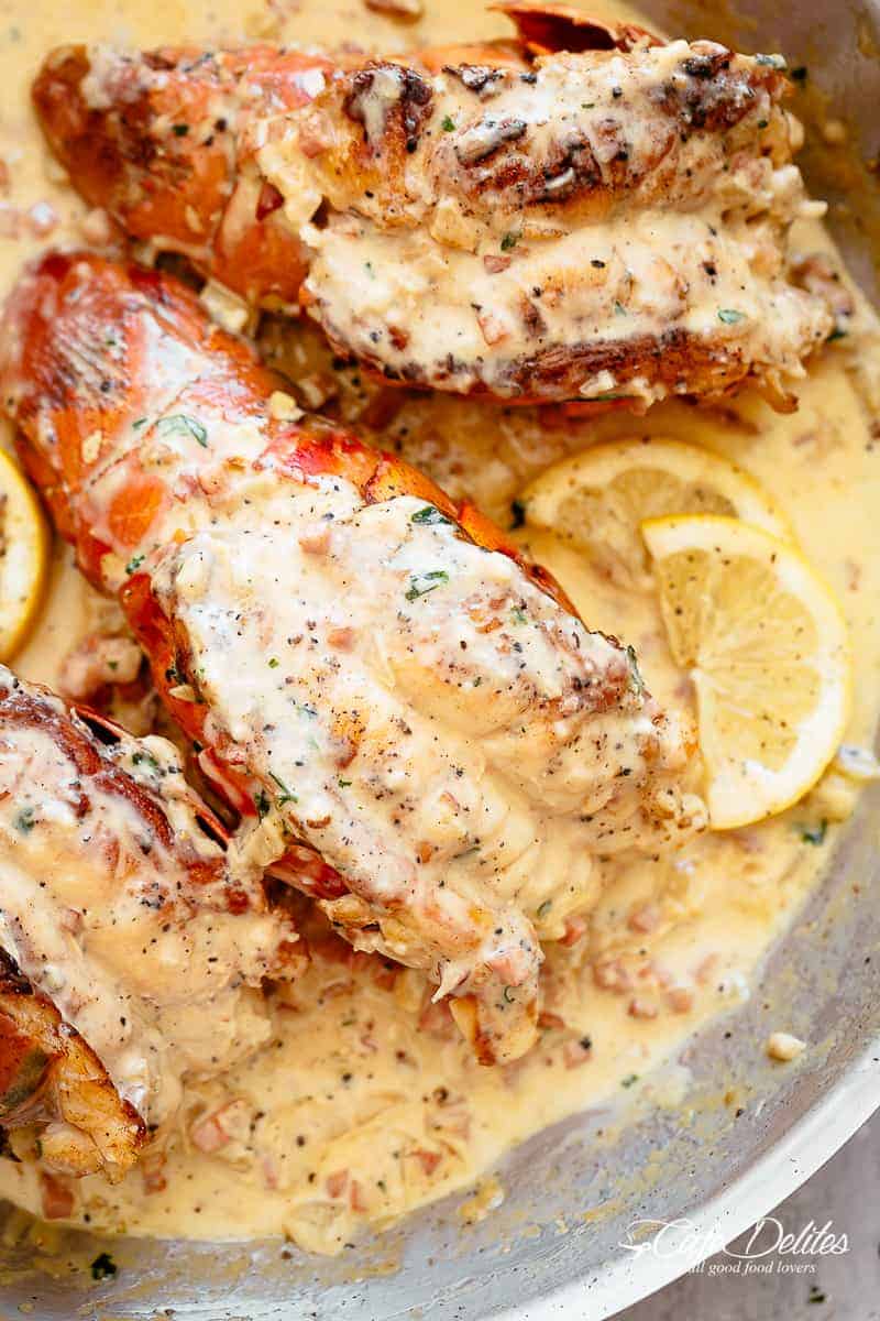 Lobster tails with a creamy bacon sauce | cafedelites.com
