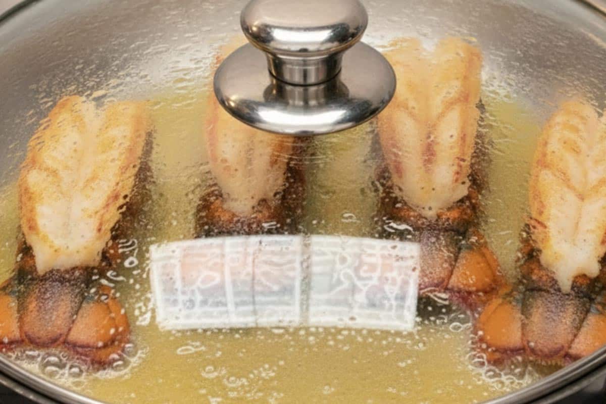 Searing the lobster tails in the skillet covered with lid. - 7