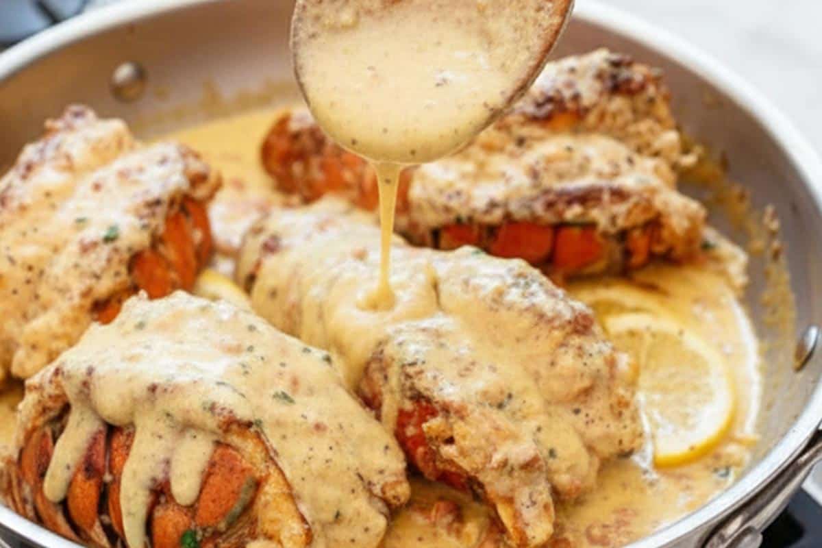 Pouring creamy sauce over the lobster. - 9