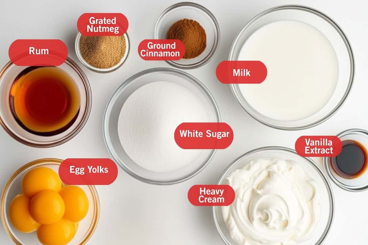 flat lay photo of rum, fresh grated nutmeg, ground cinnamon, milk, 5 egg yolks, white sugar, heavy cream and vanilla extract for making creamy eggnog