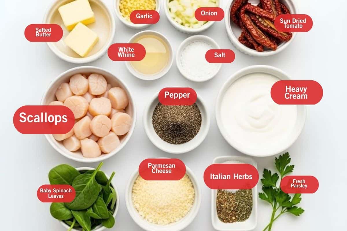 Flat lay photo of ingredient shot of salted butter, garlic, onion, sun dried tomato, white wine, salt, heavy cream, scallops, baby spinach leaves, parmesan cheese, pepper, Italian herbs, fresh parsley