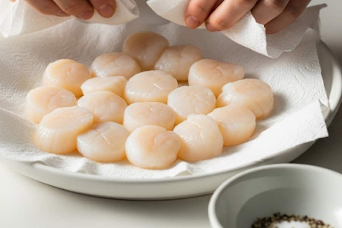  Pat the scallops very dry with paper towels so they sear, not steam.