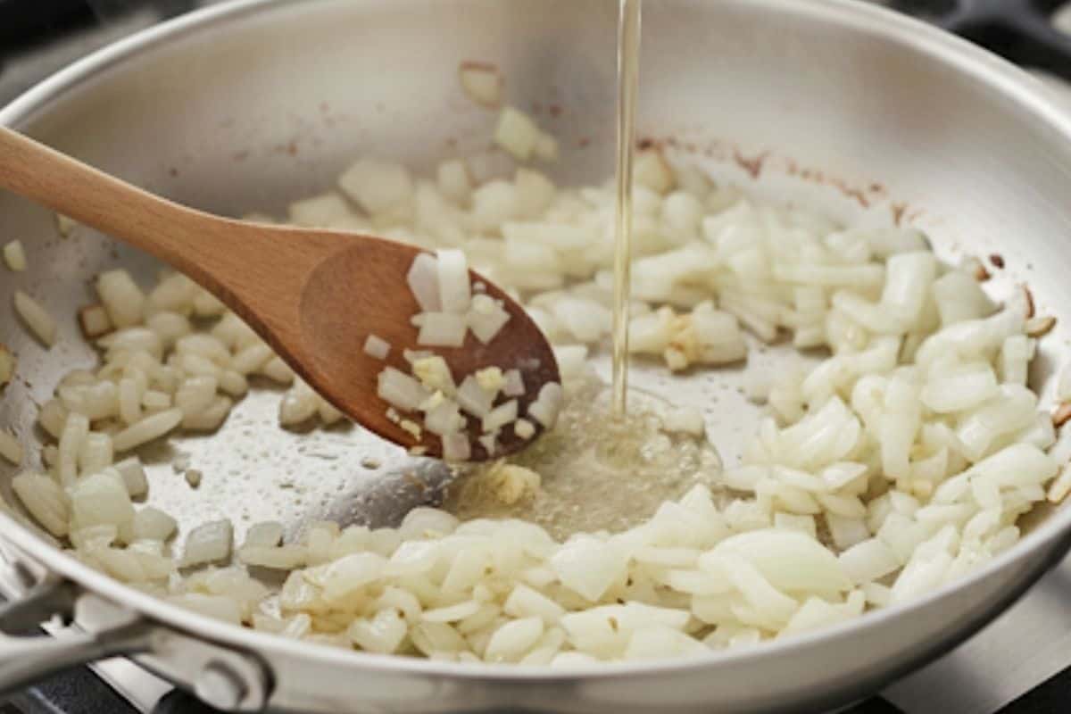 Sauté onion until soft, about 4 minutes; add garlic and cook 30 seconds until fragrant. Pour in white wine.