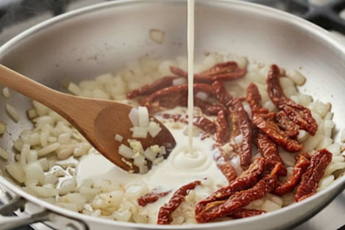 Stir in sun dried tomatoes and the reserved teaspoon of their oil; cook 1 to 2 minutes. Lower heat, add cream, and simmer gently.