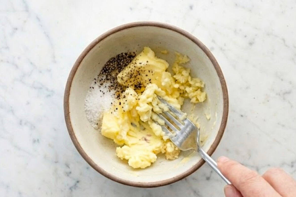In a small bowl, mix together the softened butter, minced garlic, and half of the salt until smooth  - 5