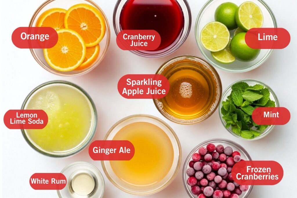 Flatlay image of Holiday Punch ingredients in clear bowls on a white surface. Includes orange slices, whole and halved limes, cranberry juice, lemon-lime soda, sparkling apple juice, ginger ale, white rum, fresh mint leaves, and frozen cranberries