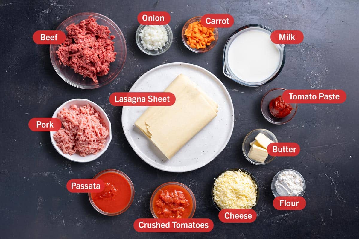 A close-up image of various fresh ingredients laid out for making the best lasagna, including pasta sheets, ground meat, tomatoes, onions, garlic, herbs, and cheese.