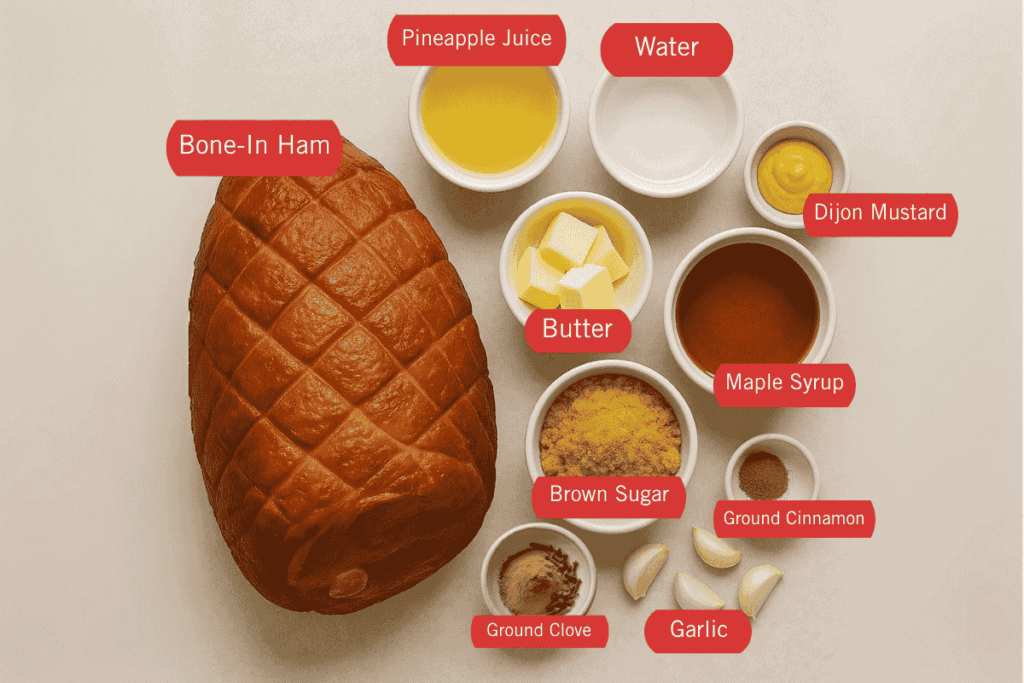 labelled ingredient list of maple glazed ham with bone-in ham, pineapple juice, water, dijon mustard, butter, maple syrup, brown sugar, cinnamon, clove and garlic