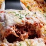 Shot of piece of lasagna about to be served