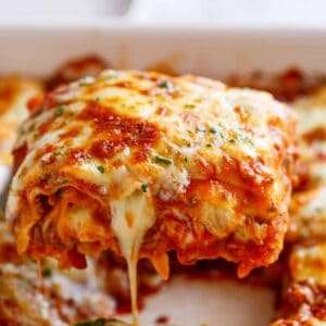 Shot of piece of lasagna about to be served