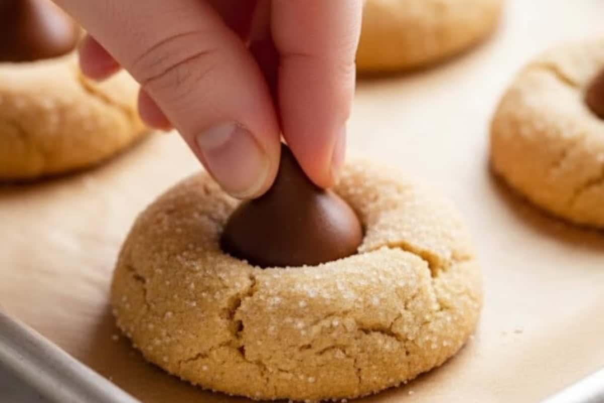 Bake for 7–8 minutes until puffed and lightly golden, then gently press a chocolate kiss into the center of each cookie.