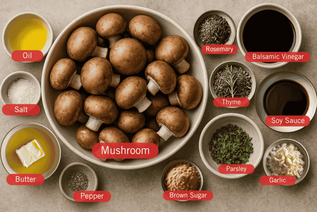 Labeled overhead flatlay photo of ingredients in bowls for roasted mushrooms. Center is a large bowl of whole brown mushrooms. Surrounding bowls contain oil, salt, butter, pepper, brown sugar, parsley, garlic, soy sauce, balsamic vinegar, thyme, and rosemary.