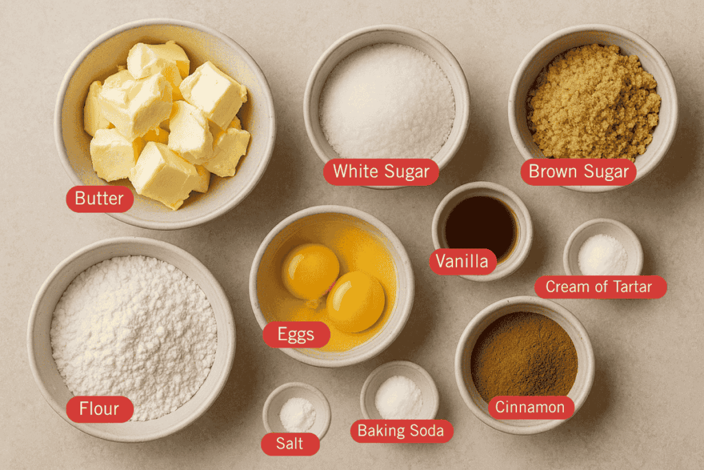 Flatlay image of labeled snickerdoodle cookie ingredients in small bowls on a neutral surface. Ingredients include butter, white sugar, brown sugar, flour, eggs, vanilla, cream of tartar, cinnamon, baking soda, and salt