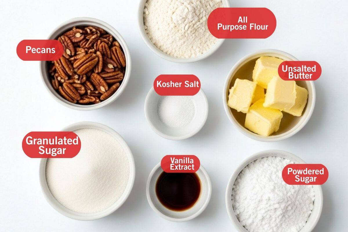 Flat lay photo of ingredient shot of pecans, all purpose flour, kosher salt, unsalted butter, granulated sugar, vanilla extract, powdered sugar