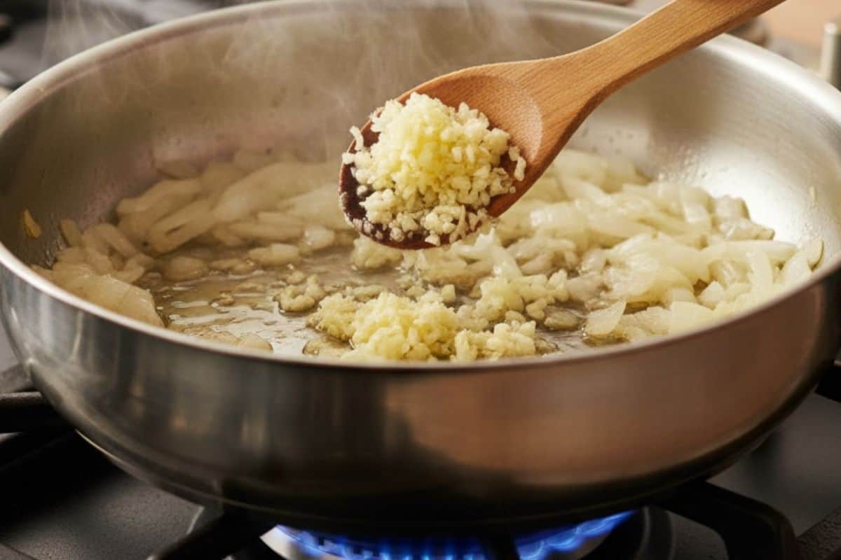 Cook onion and garlic in a medium sauce pan.