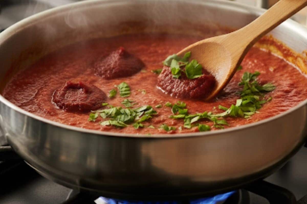 Add passata, water, tomato paste, and basil and parsley or Italian seasoning. Boil, then simmer.