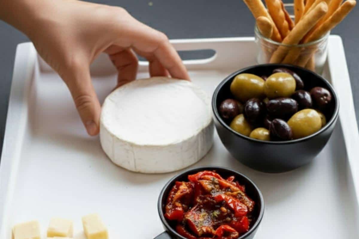 Placing the brie wheel in the tray with bowl of olives, bread twists and sun dried tomatoes.