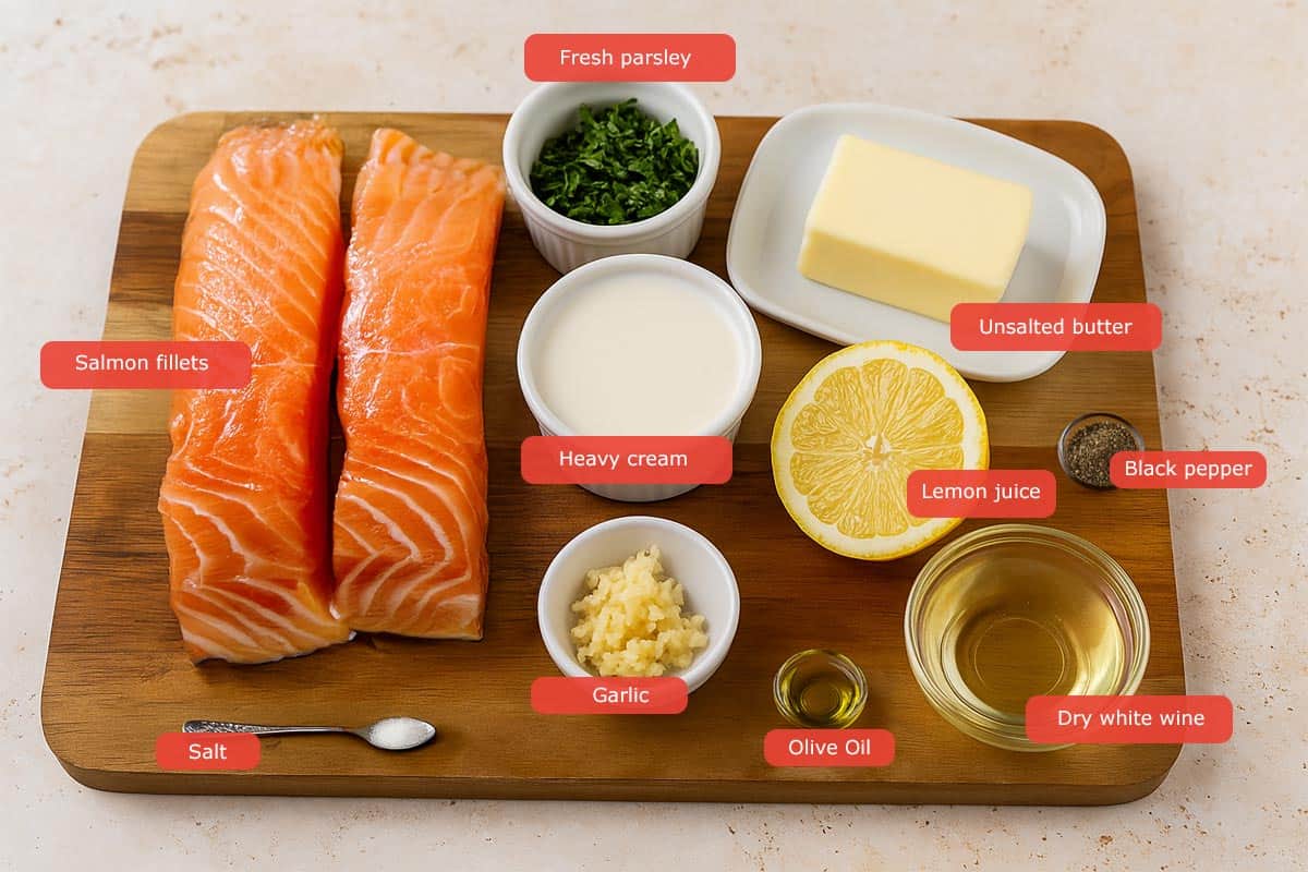 Overhead view of fresh ingredients for baked salmon all arranged neatly on a wooden board.