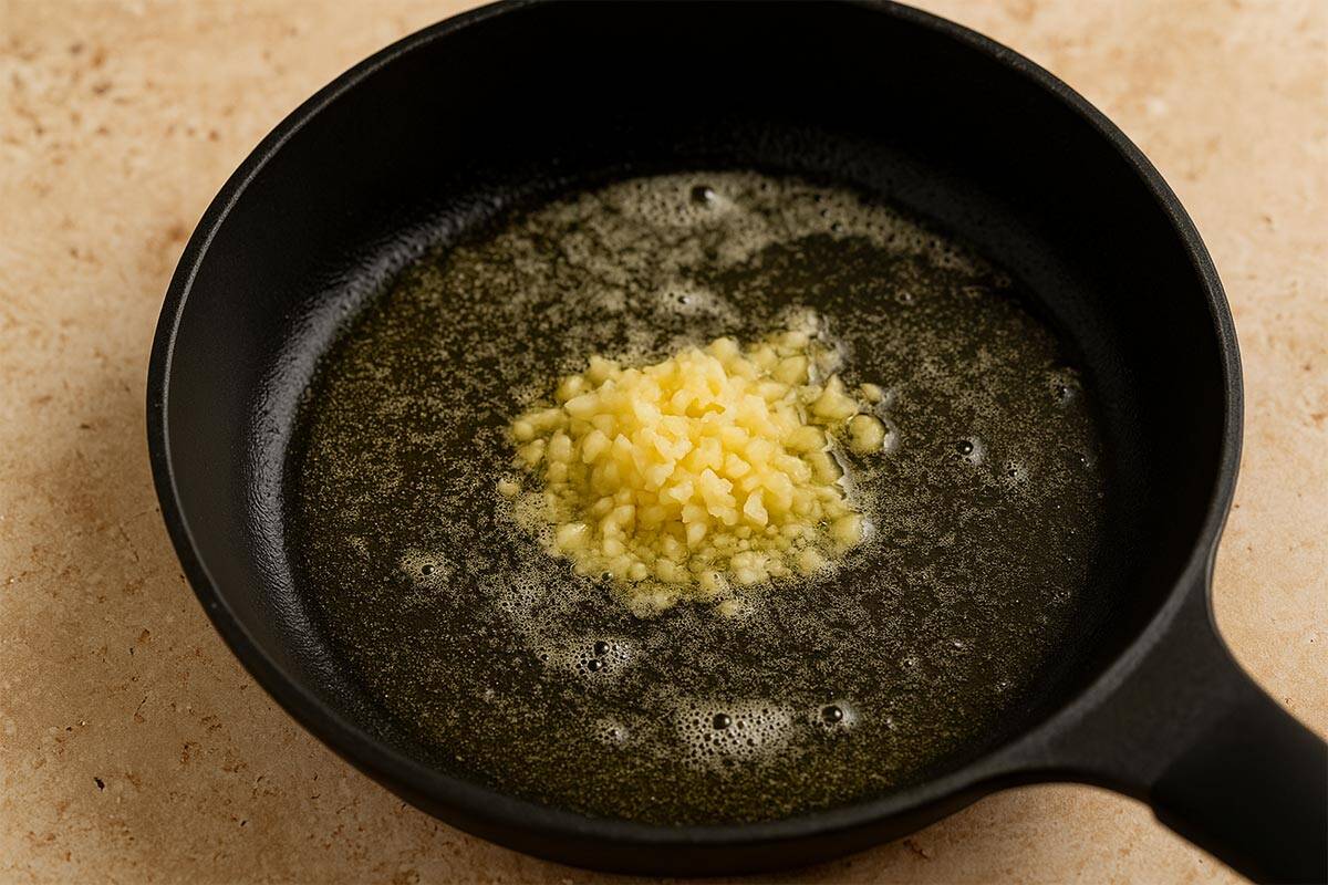 Minced garlic sizzling in melted butter inside a black non-stick skillet