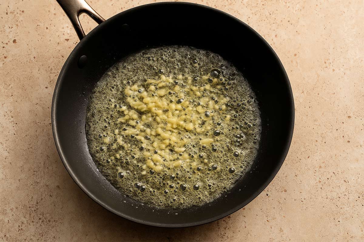Minced garlic sizzling in bubbling melted butter inside a black non-stick skillet, set on a warm beige stone countertop.