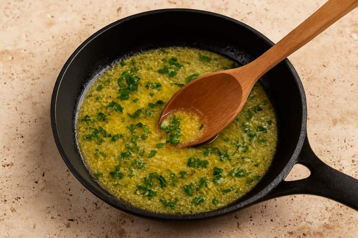Lemon butter sauce in a black skillet, freshly removed from heat and stirred with a wooden spoon