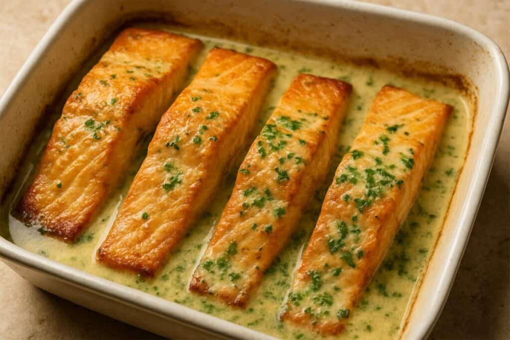 Golden-baked salmon fillet in a white ceramic baking dish.