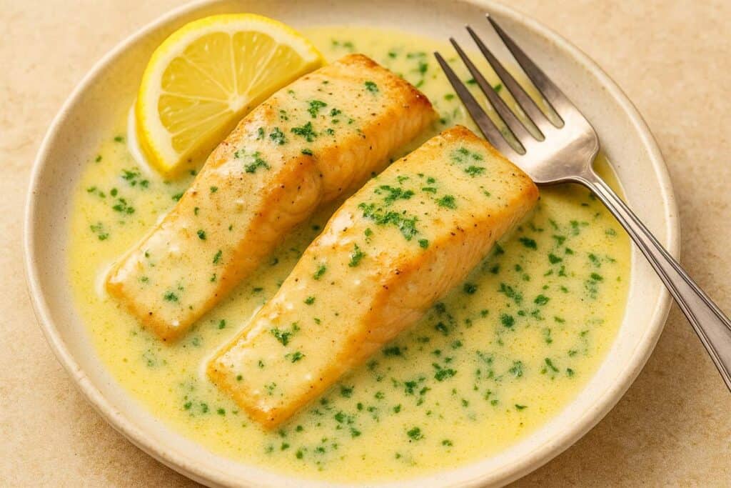 Salmon fillets served on a ceramic plate, topped with lemon butter cream sauce and sprinkled with parsley.