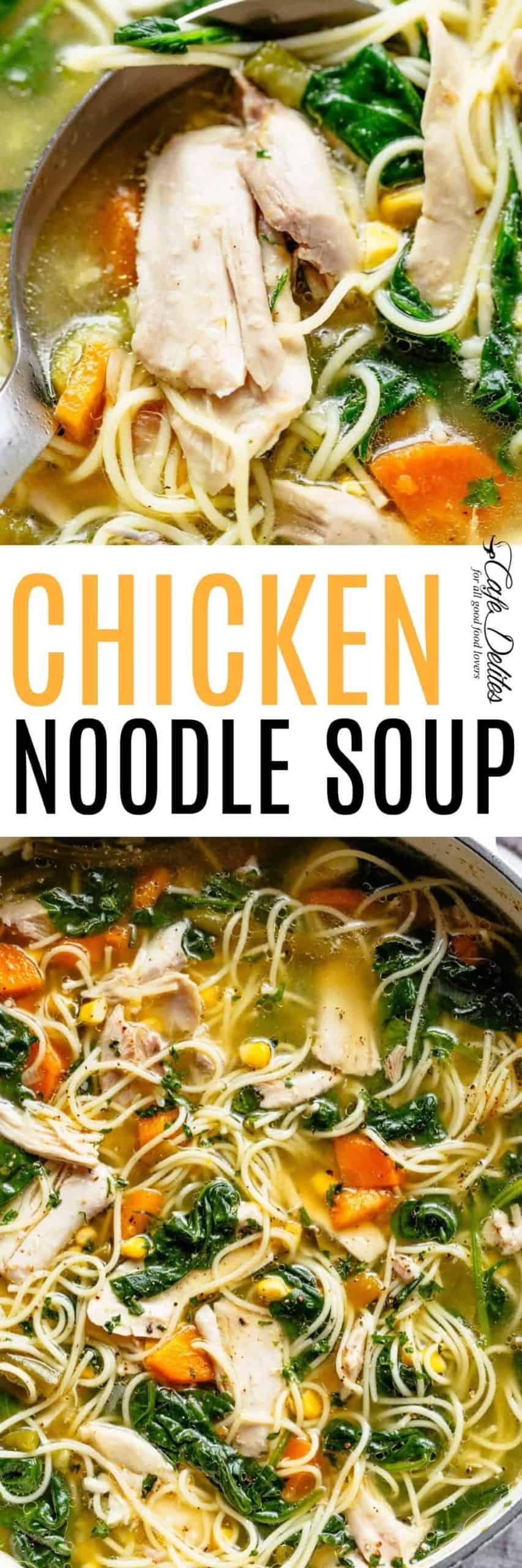 Homemade Chicken Noodle Soup loaded with vegetables with a delicious broth made from scratch! One pot...one soup! Perfect for any day of the week with the broth AND the soup made from scratch in under 45 minutes. You will love this! | cafedelites.com