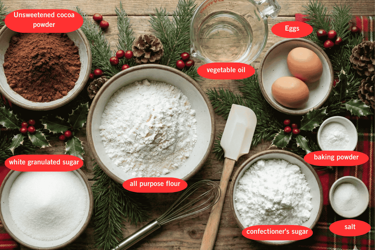 A top down image of all the ingredients needed for crinkle chocolate cookies, with flour in the middle and eggs on top of a festive table.