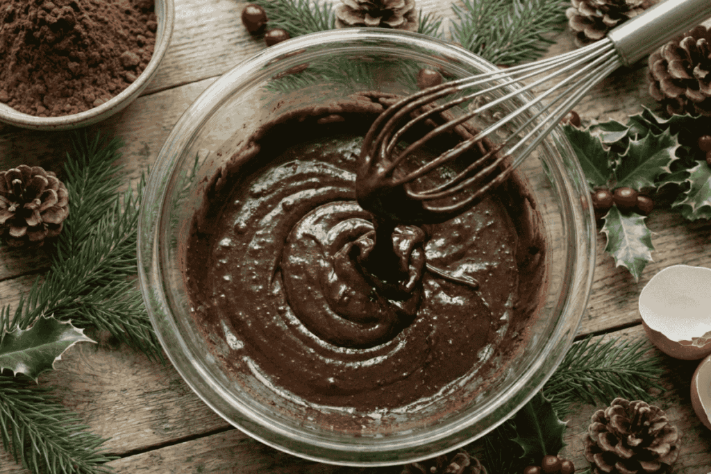 a top down view of a glass bowl filled with a brown substance that is being mixed with a metal whisk, the bowl is sitting on a festive table decorated with pine cones and pine branches.