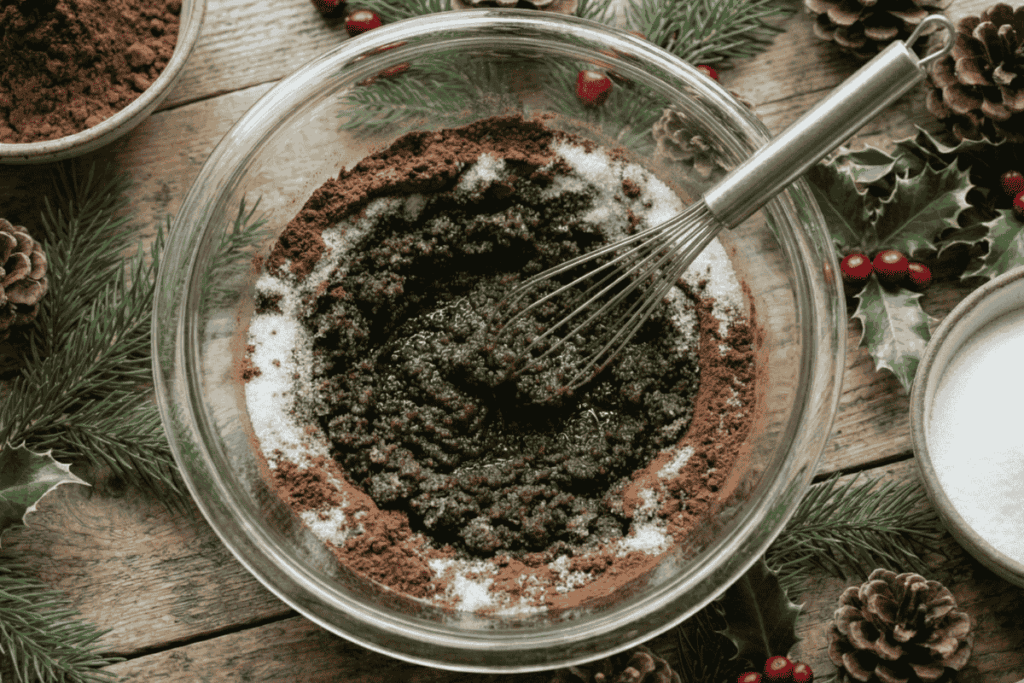 a top down view of a glass bowl with a metal whisk in the bowl turning ingredients into a dark brown goo.