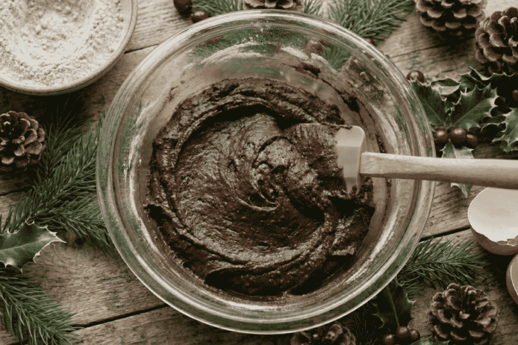 a top down view of a glass bowl with a thicker brown substance being mixed with a wooden spoon