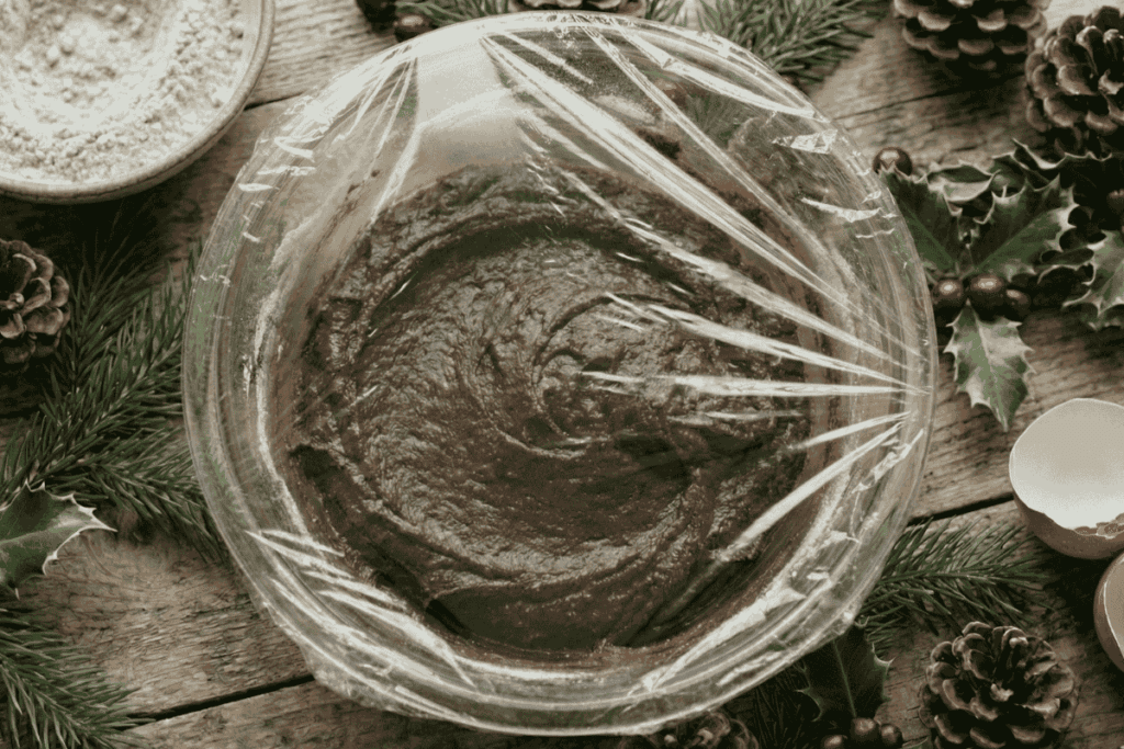 a top down view of a bowl with plastic wrap on top to preserve the brown cookie batter inside the bowl.