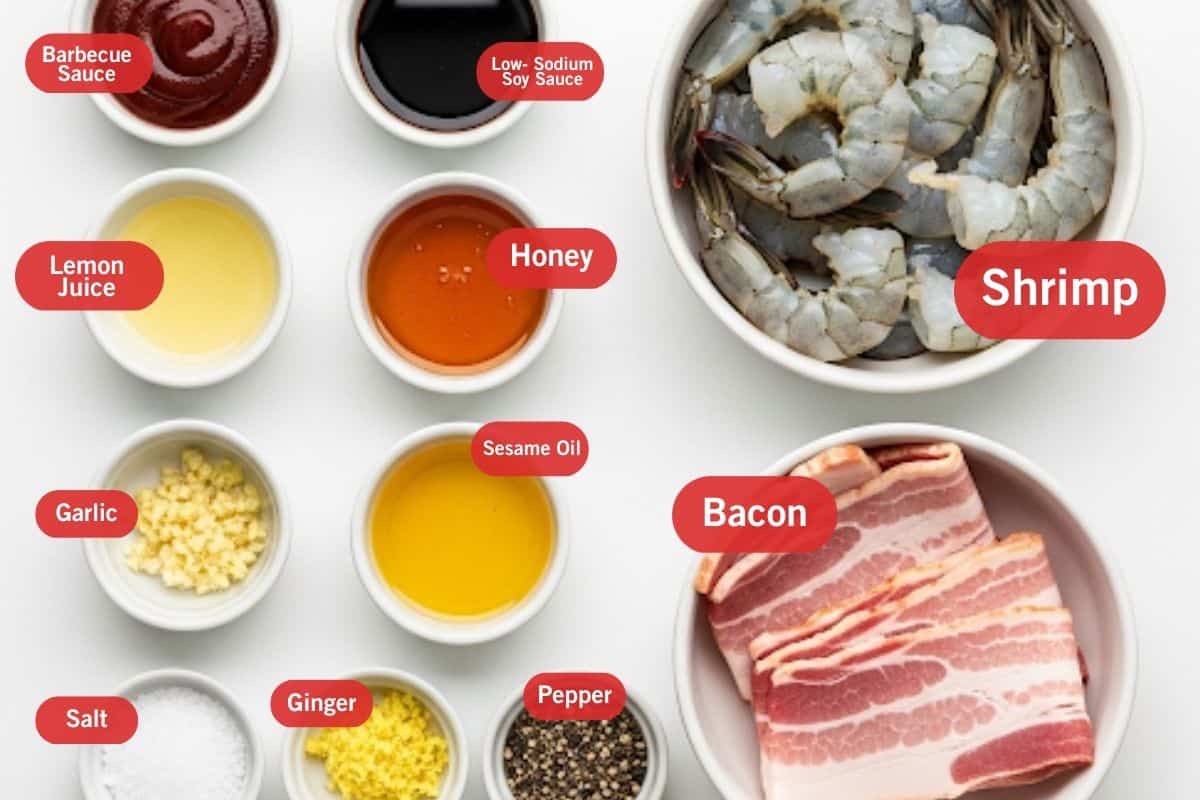 Flat lay photo of ingredient shot of barbecue sauce, low sodium soy sauce, lemon juice, honey, garlic, sesame oil. salt, ginger, pepper, bacon.