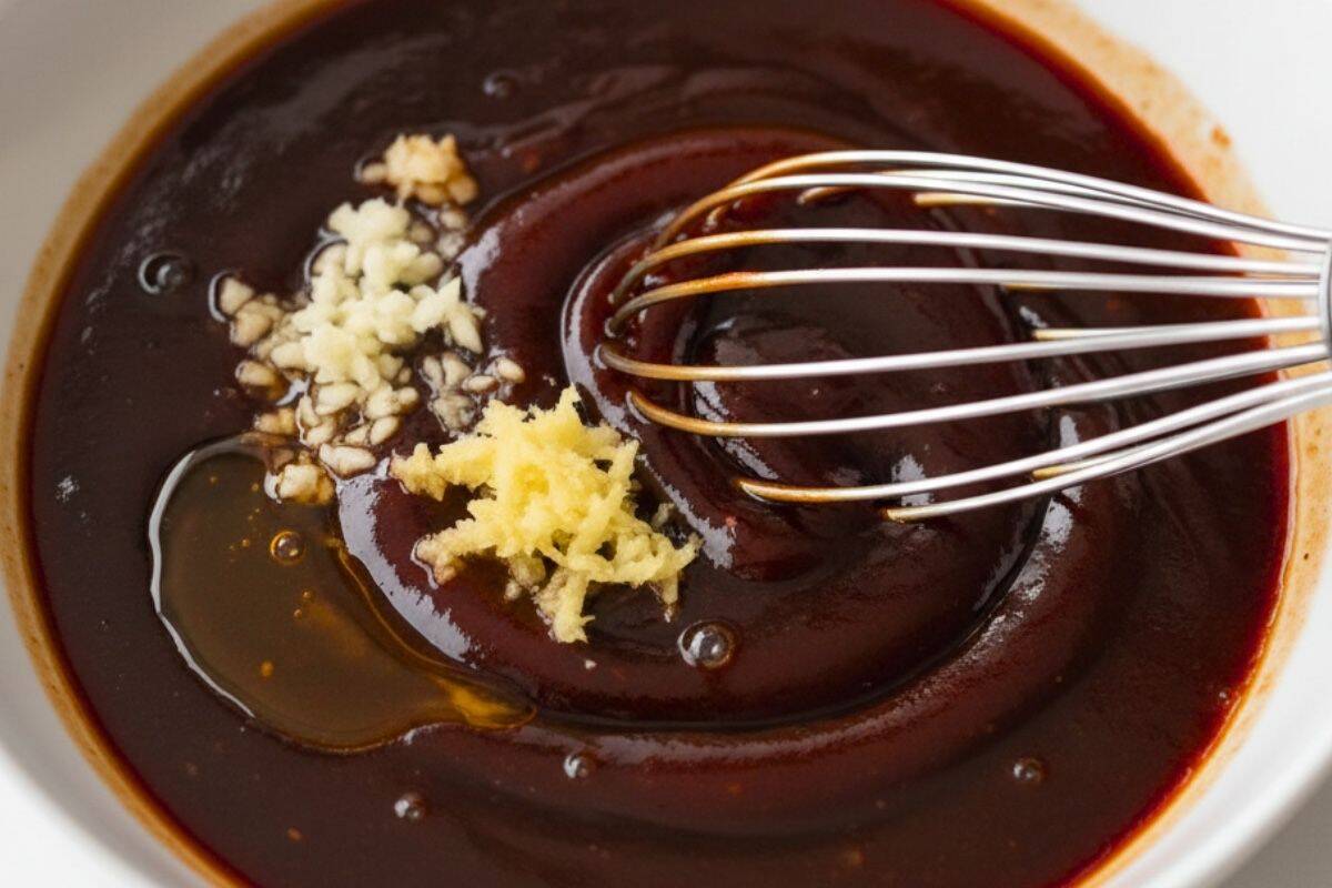 In a bowl, whisk together barbecue sauce, soy sauce, honey, lemon juice, garlic, sesame oil, and ginger