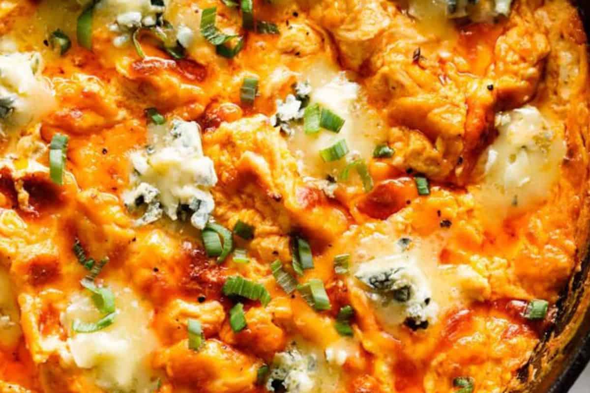Close-up shot of Buffalo Chicken Dip.