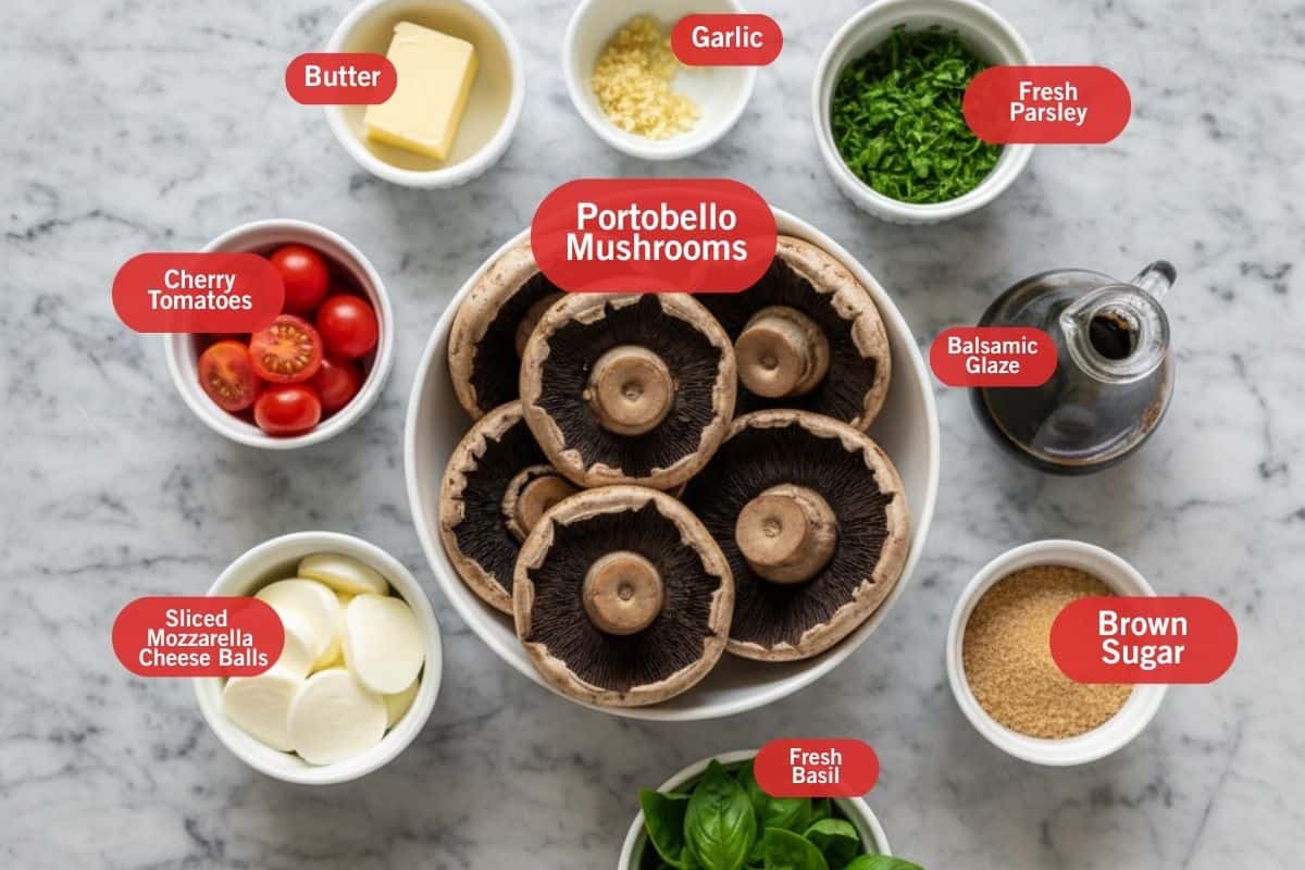 Flat lay photo of ingredient sho of butter, garlic,  fresh parsley, balsamic glaze, brown sugar, fresh basil, sliced mozzarella cheese balls, cherry tomatoes, portobello mushrooms.