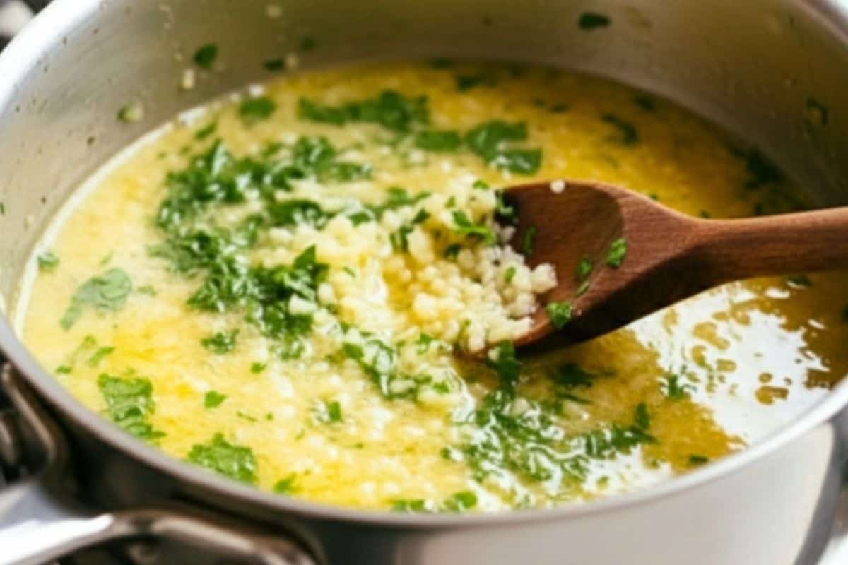 In a saucepan, melt butter with garlic and parsley.