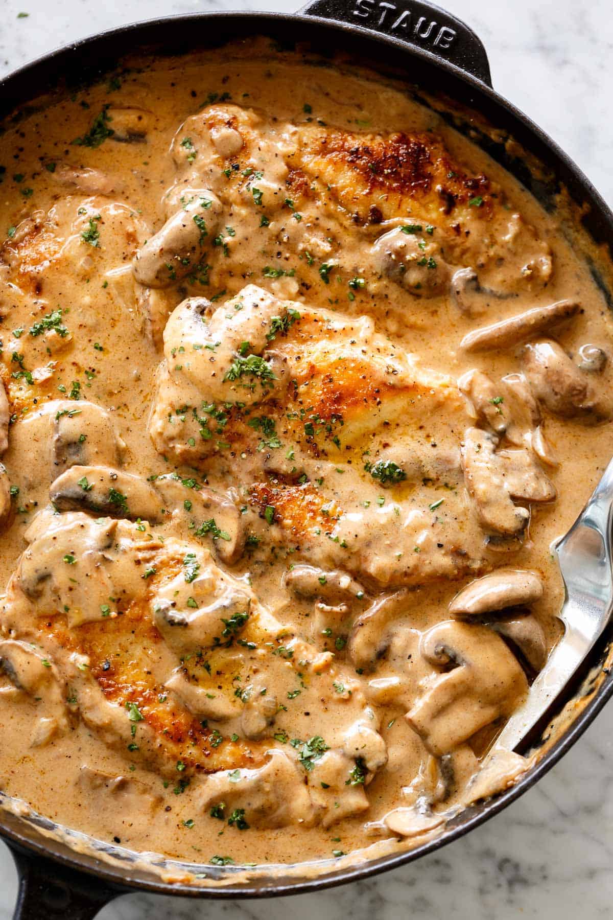 Chicken Stroganoff num molho de cogumelos cremoso é um jantar rápido pronto à mesa em 30 minutos | cafedelites.com